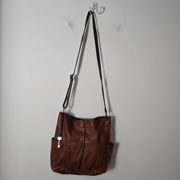 Fossil Brown Cow Hide Leather Crossbody Bag Medium Snap Closure Adjustable - Picture 10 of 16